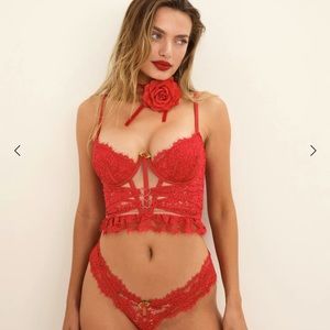 🍋For Love and Lemons Rosa Lace Bustier SDD & Lace Ruffle Thong Set 🌹RED XS🍋